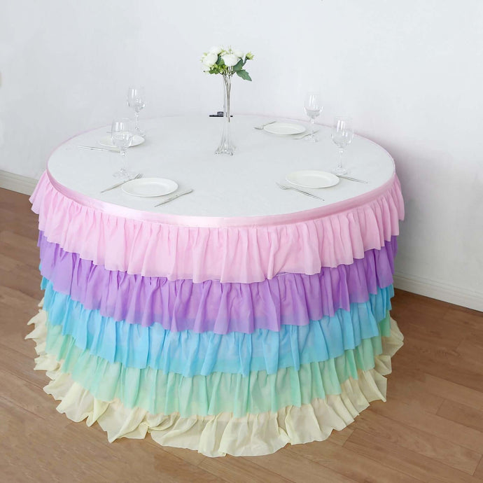 Chiffon 14ft Table Skirt Gradient Unicorn - 5-Tier Ombre Ruffled Tutu Table Cover with Satin Backing for Enchanting Events Table Skirts PROstorez Default Title