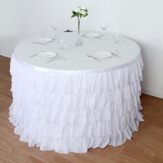 Chiffon 14ft Table Skirt White - 5-Tier Ombre Ruffled Tutu Table Cover with Satin Backing for Sophisticated Events Table Skirts PROstorez Default Title