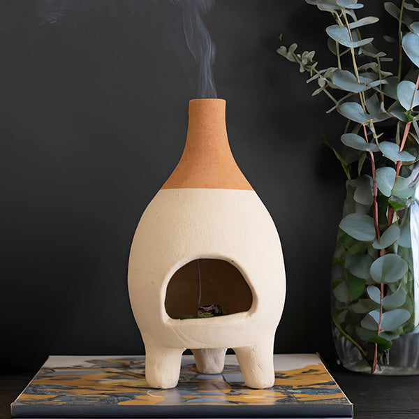 Handmade Ivory-Dipped Clay Chiminea Incense Burner Gift KAL