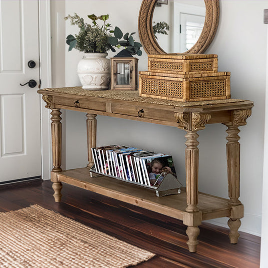 55 Inch Hand Carved Wood Console Table with Drawers Whats trending ABH