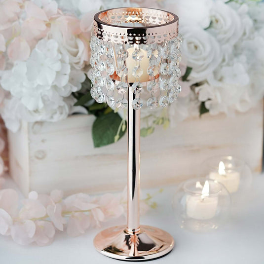 Crystal Beaded Chandelier Metal Candle Holder Rose Gold - Sophisticated Pillar Tealight Stand 12