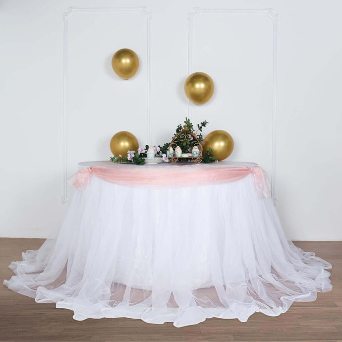 Extra Long Tulle 14ft Table Skirt White with Satin Edge - Table Cover for Baby Showers & Events Table Skirts PROstorez Default Title