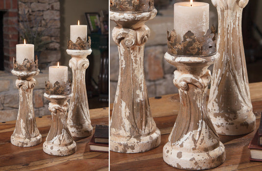 LARGE Hand Carved Wooden Candle Holders Set of 3 General IMAX