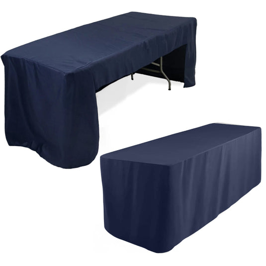 Fitted Polyester 96"x30" Rectangle Tablecloth Navy Blue with Open Back Design - Easy to Maintain and Wrinkle-Resistant Table Cover for Trade Shows & Displays Tablecloths HIER_2113