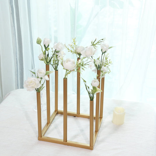 Flower Vase Gold Metal Minimalist 8-Tubes Square Base Design - Single Stem Bud Centerpiece for Arrangements 10