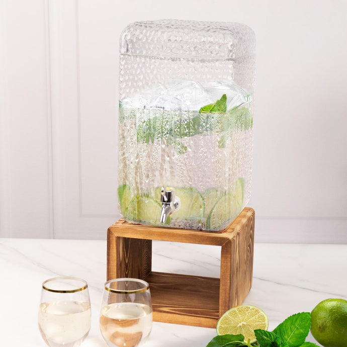 Gallon Clear Hammered Glass Beverage Dispenser, Rectangular Juice Jar with Wooden Stand and Lid - Lead-Free Countertop Feature 19