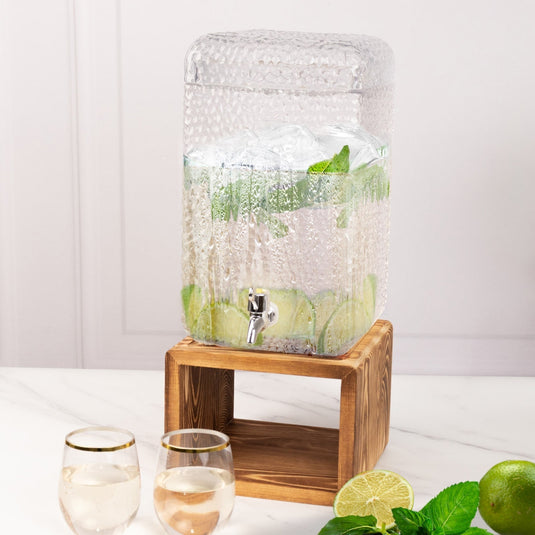 Gallon Clear Hammered Glass Beverage Dispenser, Rectangular Juice Jar with Wooden Stand and Lid - Lead-Free Countertop Feature 19" Beverage Dispensers HIER_4520