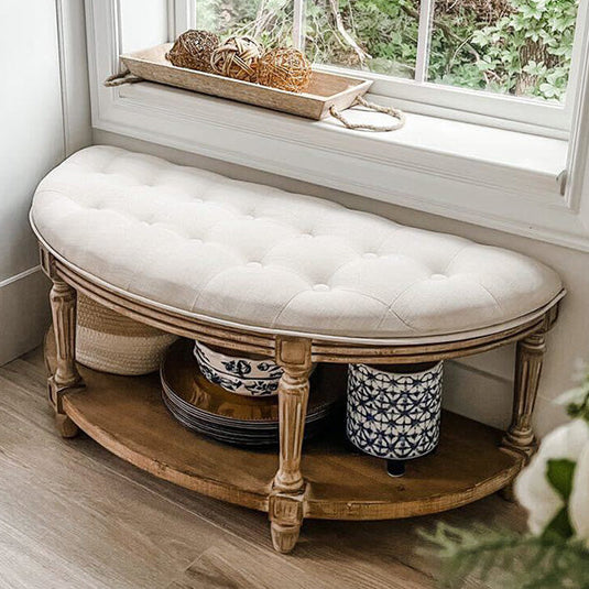 Vintage Hand-Tufted Semi-Circular Bench with Shelf General ABH