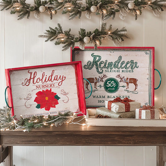 Vintage Inspired Wood Holiday Serving Trays with Handles, Set of Two General CT