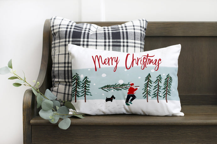 Merry Christmas with Man Carrying Tree- 12x20 inch pillow cover 