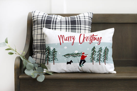 Merry Christmas with Man Carrying Tree- 12x20 inch pillow cover