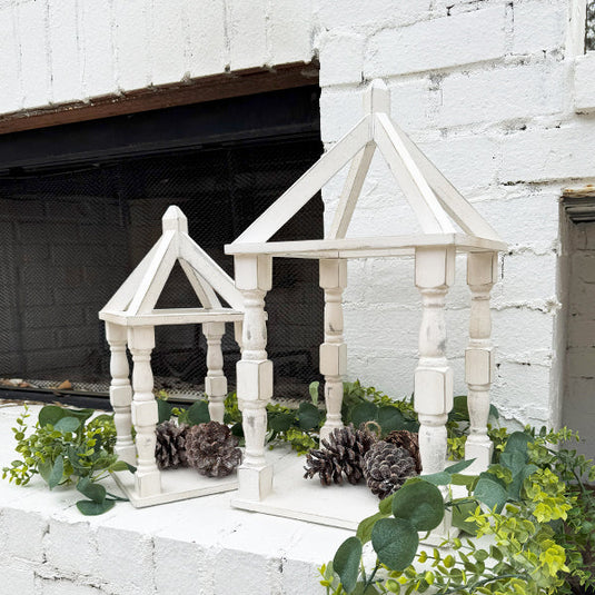 Distressed White Turned Wooden Open Lanterns, Set of Two General ABH