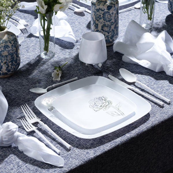 Load image into Gallery viewer, COMBO SET 10.25&quot; &amp; 7.25&quot; White and Silver Square Plastic Dinnerware Set - Peony Decorline
