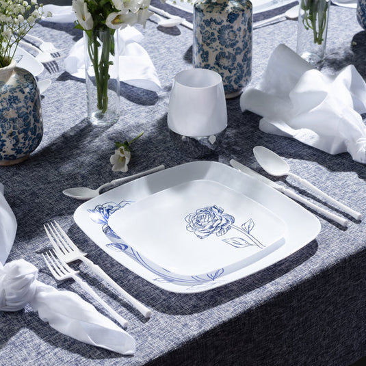 COMBO SET 10.25" & 7.25" White and Blue Square Plastic Dinnerware Set - Peony Decorline