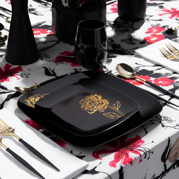 Load image into Gallery viewer, COMBO SET 10.25&quot; &amp; 7.25&quot; Black and Gold Square Plastic Dinnerware Set - Peony Decorline
