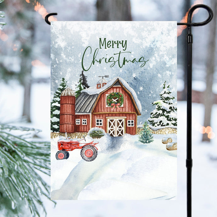 Merry Christmas Barn Christmas Garden Flag 12x18 inch Gift Cotton and Crate