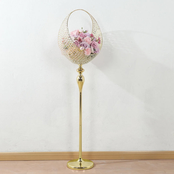 Metal Crystal Beaded Candle Holder Stand, Half Moon Basket Design Gold Wedding Flower Centerpiece with Round Stable Base 4.5ft Tall Centerpieces HIER_7200