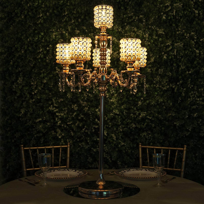 Metal Pearl Beaded Candelabra in Gold 6-Arm - Stylish Table Centerpiece with Crystal Chandelier Pendants Centerpieces PROstorez Default Title