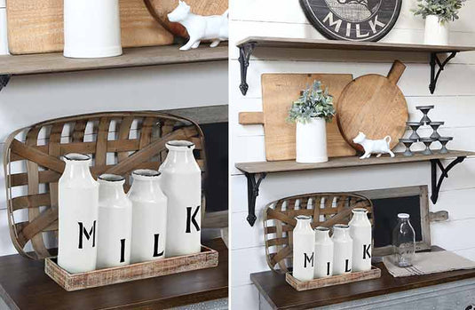 Distressed Enamel Milk Bottles With Wood Tray General UMA