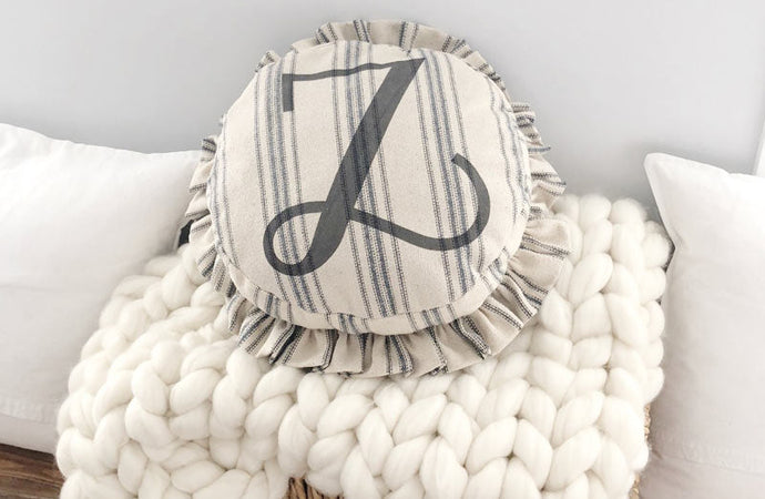 Ruffled Feedsack Monogrammed Pouf Pillow General FLH