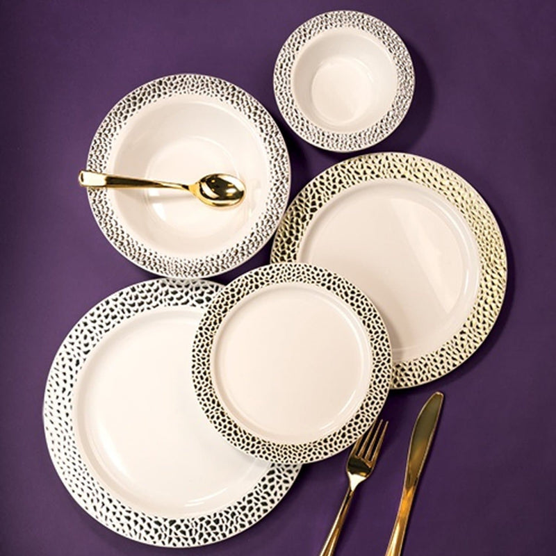 Load image into Gallery viewer, Pebbled Plastic Dinner Plate Gold Rim 10.25&quot; Elegant Plates Lillian
