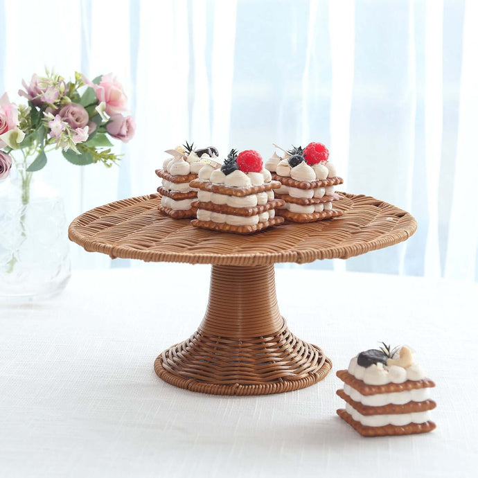 Plastic Round Rattan Wicker Pedestal Cake Stand Natural - Reusable Rustic Cupcake Holder Dessert Table Display Centerpiece for Home Parties & Events 12