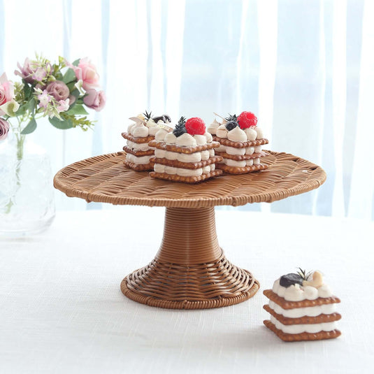 Plastic Round Rattan Wicker Pedestal Cake Stand Natural - Reusable Rustic Cupcake Holder Dessert Table Display Centerpiece for Home Parties & Events 12" Cake Stands HIER_7510