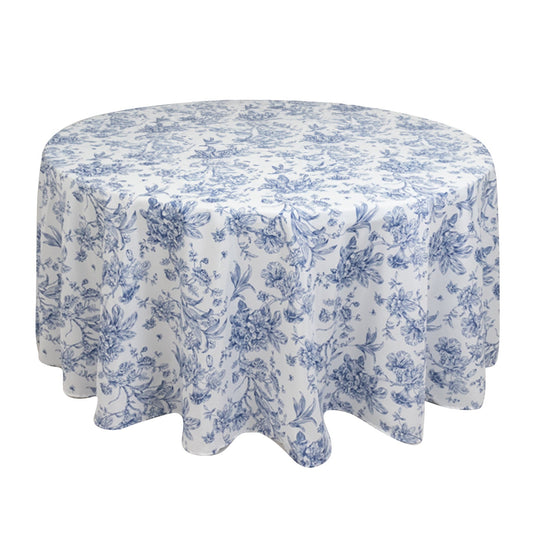 Polyester 120" Round Tablecloth White - Blue French Toile Pattern for Chic Weddings Tablecloths HIER_2112