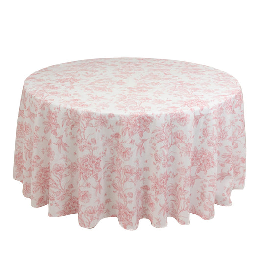 Polyester 120" Round Tablecloth White - Pink French Toile Pattern for Stylish Events Tablecloths HIER_2112