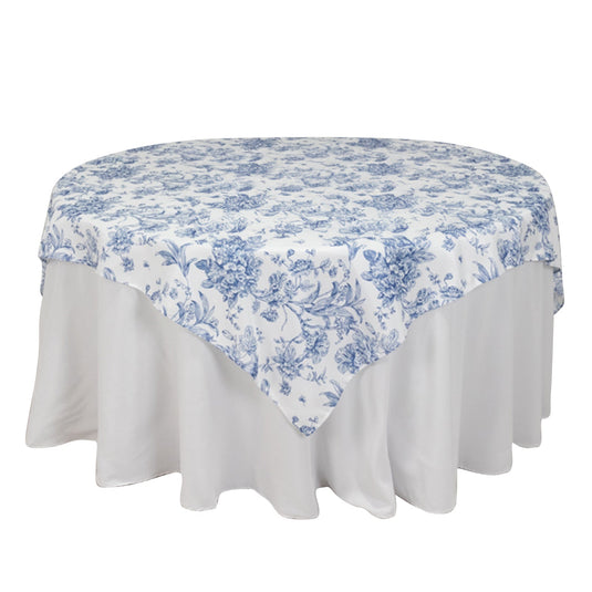 Polyester 70"x70" Table Overlay White - Blue French Toile Pattern for Stylish Events Overlays HIER_2116