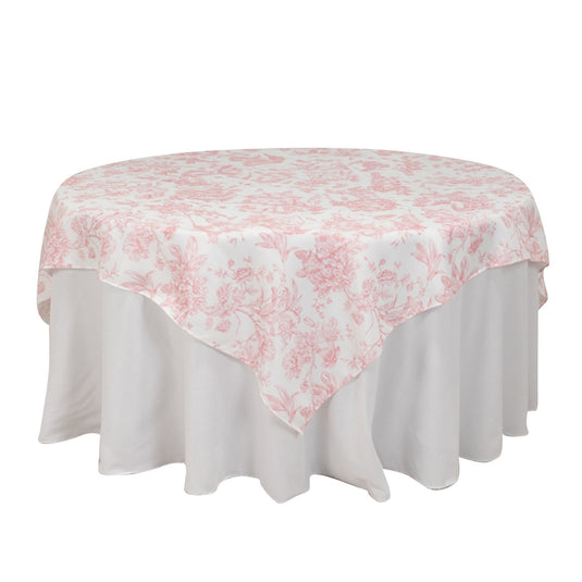 Polyester 70"x70" Table Overlay White - Pink French Toile Pattern for Refined Gatherings Overlays HIER_2116