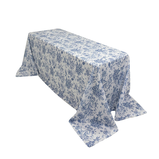 Polyester 90"x132" Rectangle Tablecloth White - Seamless Blue French Toile Pattern for Upscale Events Tablecloths HIER_2114