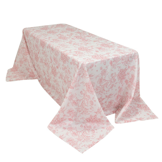 Polyester 90"x132" Rectangle Tablecloth White - Seamless Pink French Toile Pattern for Formal Celebrations Tablecloths HIER_2114