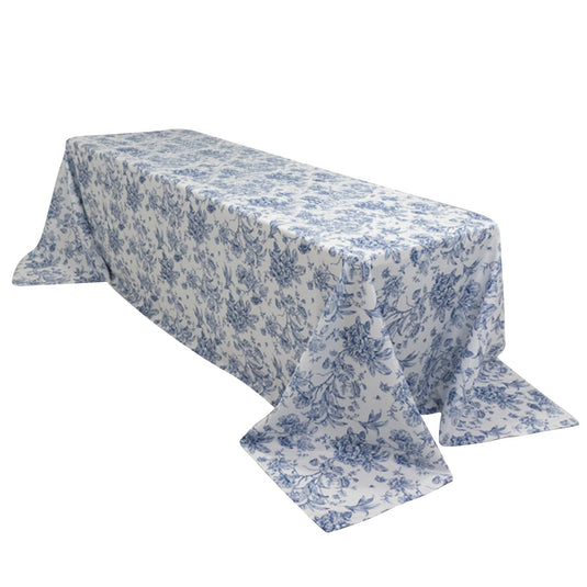 Polyester 90"x156" Rectangle Tablecloth White - Seamless Blue French Toile Pattern for Chic Weddings Tablecloths HIER_2114