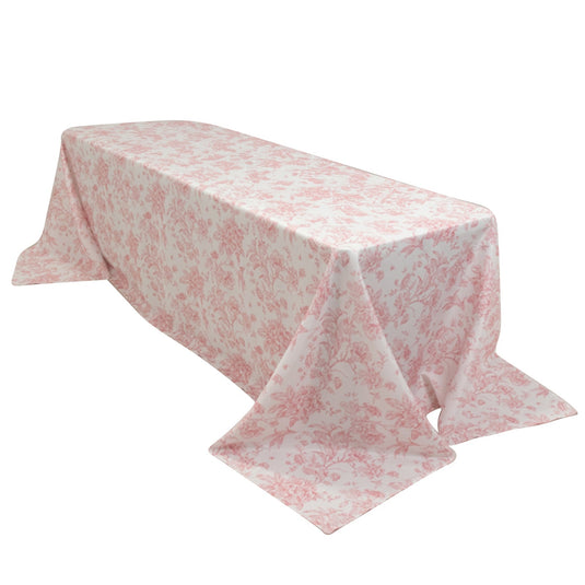 Polyester 90"x156" Rectangle Tablecloth White - Seamless Pink French Toile Pattern for Grand Occasions Tablecloths HIER_2114