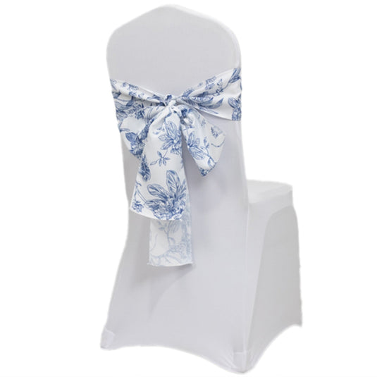 Polyester Chair Sashes White/Blue French Toile Floral Design - Wrinkle-Resistant & Durable Chair Bows for Exquisite Weddings & Banquets 6"x108" Chair Sashes HIER_3340