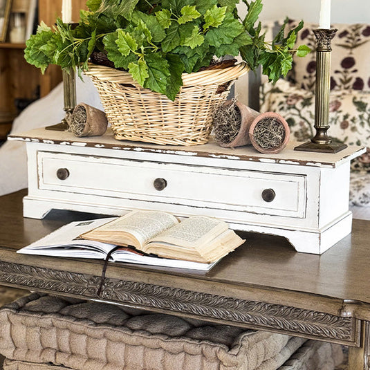 Distressed Table Top Wood Riser with Drawer General ABH