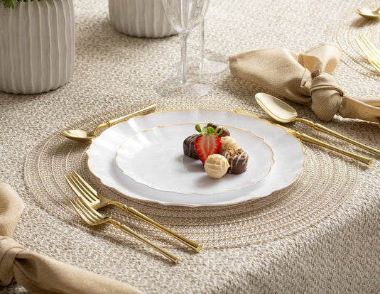 COMBO SET 10.25" & 7" White and Gold Round Plastic Dinnerware Set - Luxe Decorline