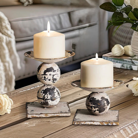 Distressed Sphere Pillar Candle Holders, Set of Two General CT