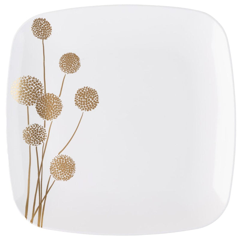 Load image into Gallery viewer, Plastic Dandelion Square Plates 10″ Fancy Disposable Dinner Plate White/Gold. Tablesettings Blue Sky
