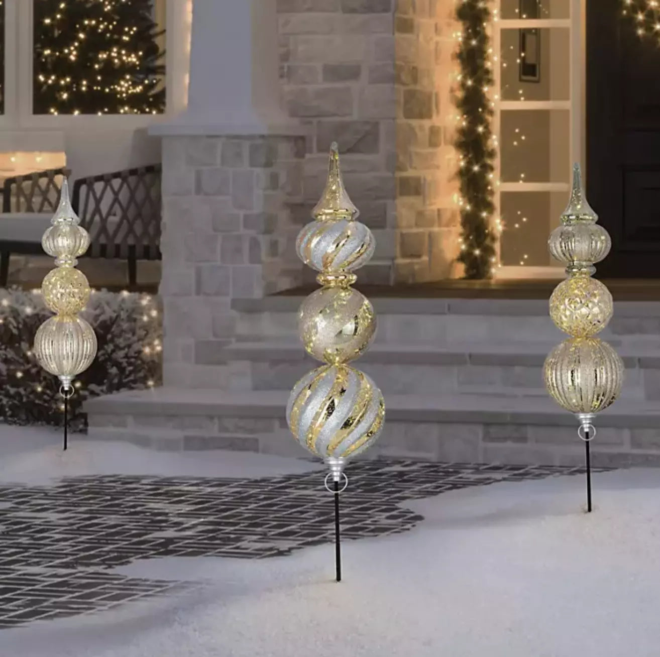 Member's Mark Jumbo Pre-Lit Shatterproof Ornament Stake Lights, Set of 3 Gold Ornament Decor Pro Linens