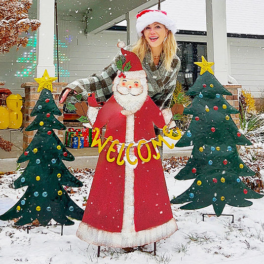 Distressed Outdoor Metal Santa with Welcome Sign Yard Stake General KAL