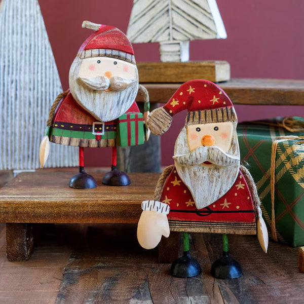 Two Painted Wood Santa with Rope Arms General KAL