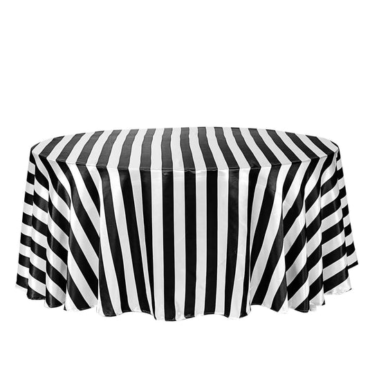 Satin 120" Round Tablecloth Black/White - Stripe Design with Seamless Silky Smooth Finish Table Cover Tablecloths HIER_2141 Default Title