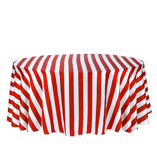 Satin 120" Round Tablecloth Red/White - Stripe Design with Seamless Silky Smooth Finish Table Cover Tablecloths PROstorez Default Title