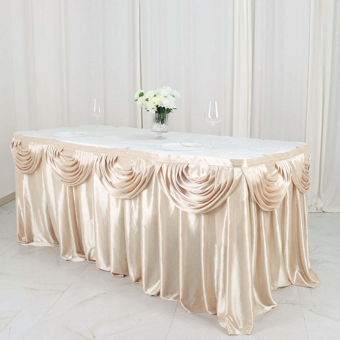 Satin 14ft Table Skirt Beige - Pleated Double Drape Table Cover Table Skirts PROstorez Default Title