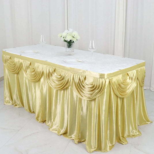 Satin 14ft Table Skirt Champagne - Pleated Double Drape Table Cover Table Skirts PROstorez Default Title