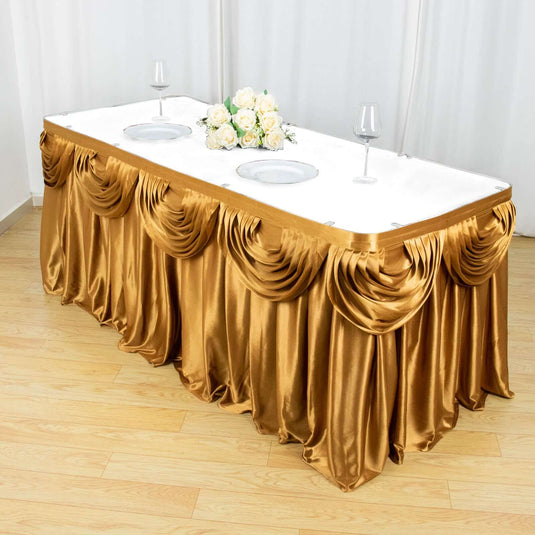 Satin 14ft Table Skirt Gold Pleated Double Drape Design - Soft & Graceful for Events Table Skirts PROstorez Default Title