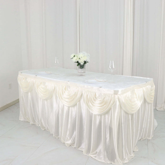 Satin 14ft Table Skirt Ivory - Pleated Double Drape Table Cover Table Skirts PROstorez Default Title