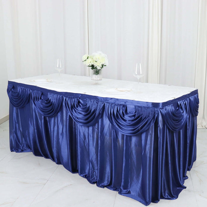 Satin 14ft Table Skirt Navy Blue - Pleated Double Drape Table Cover Table Skirts PROstorez Default Title